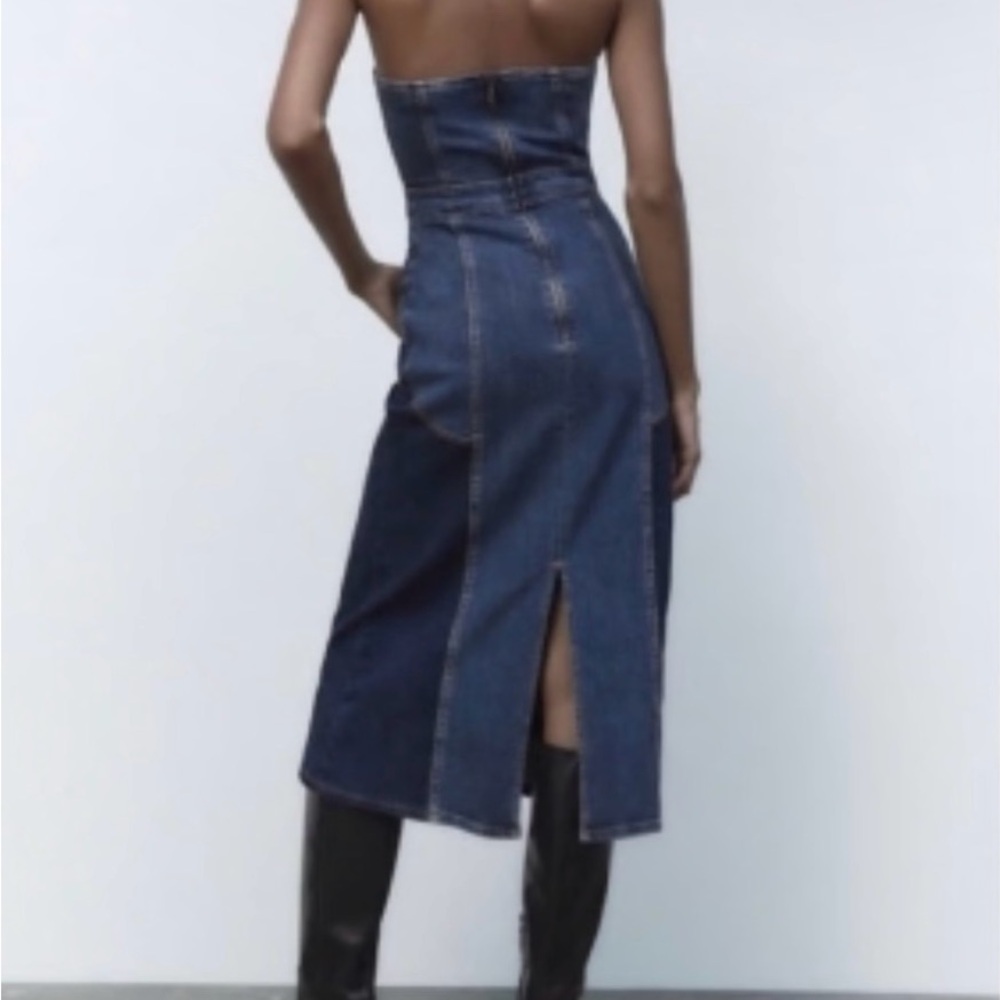Zara The Contrast Blue Denim Cotton Strapless midi Dress sz.XS